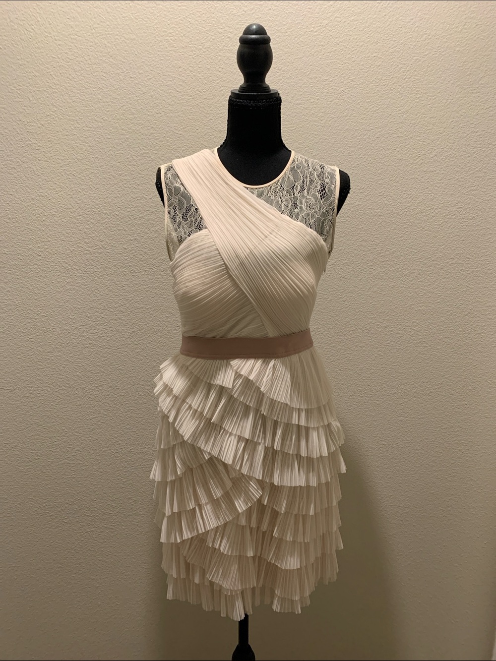 BCBGMaxAzria One-Shoulder Cream Lace & Pleated Ruffle Dress NWOT (Size 8)